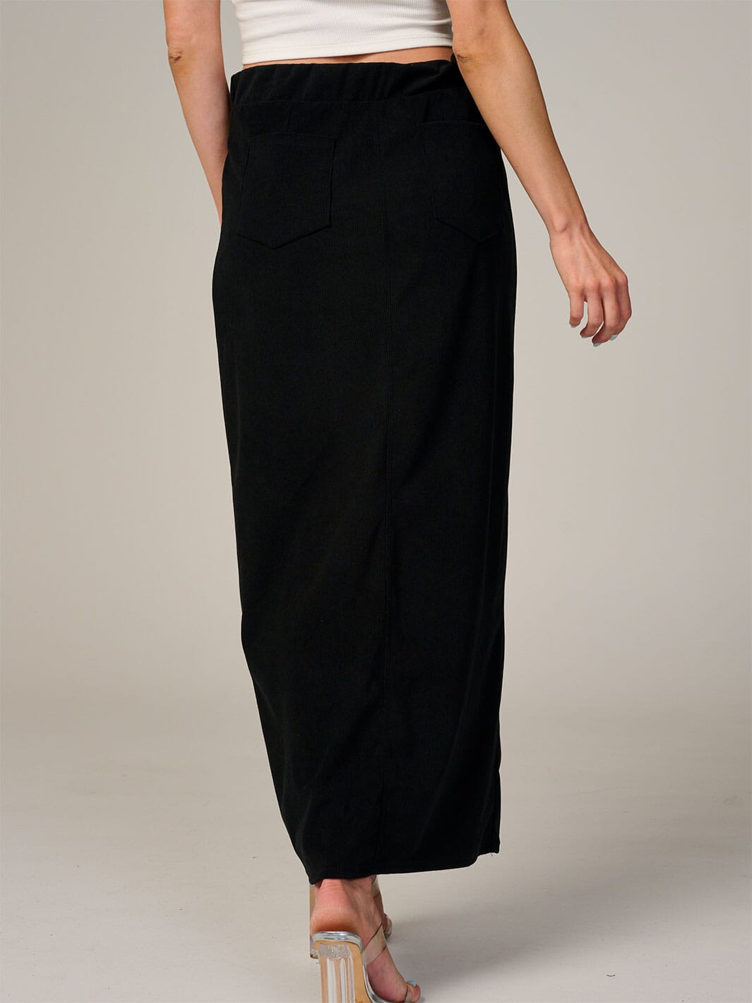 WOMEN'S ELASTIC WAIST BACK POCKET RIBBED MAXI SKIRT