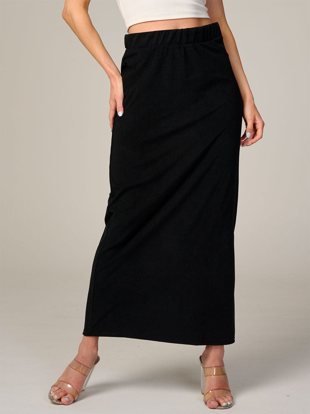 WOMEN'S ELASTIC WAIST BACK POCKET RIBBED MAXI SKIRT