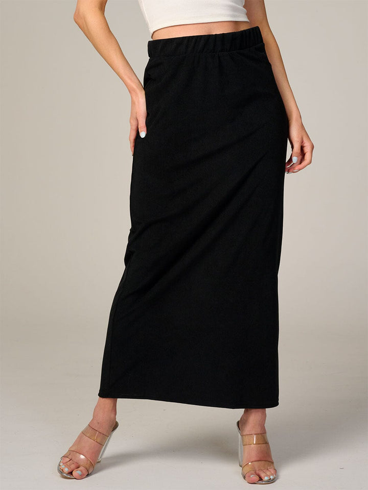 WOMEN'S ELASTIC WAIST BACK POCKET RIBBED MAXI SKIRT