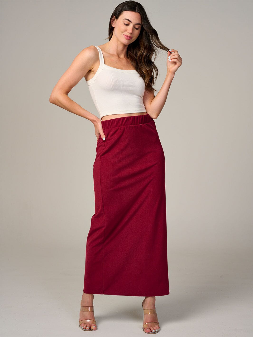 WOMEN'S ELASTIC WAIST BACK POCKET RIBBED MAXI SKIRT