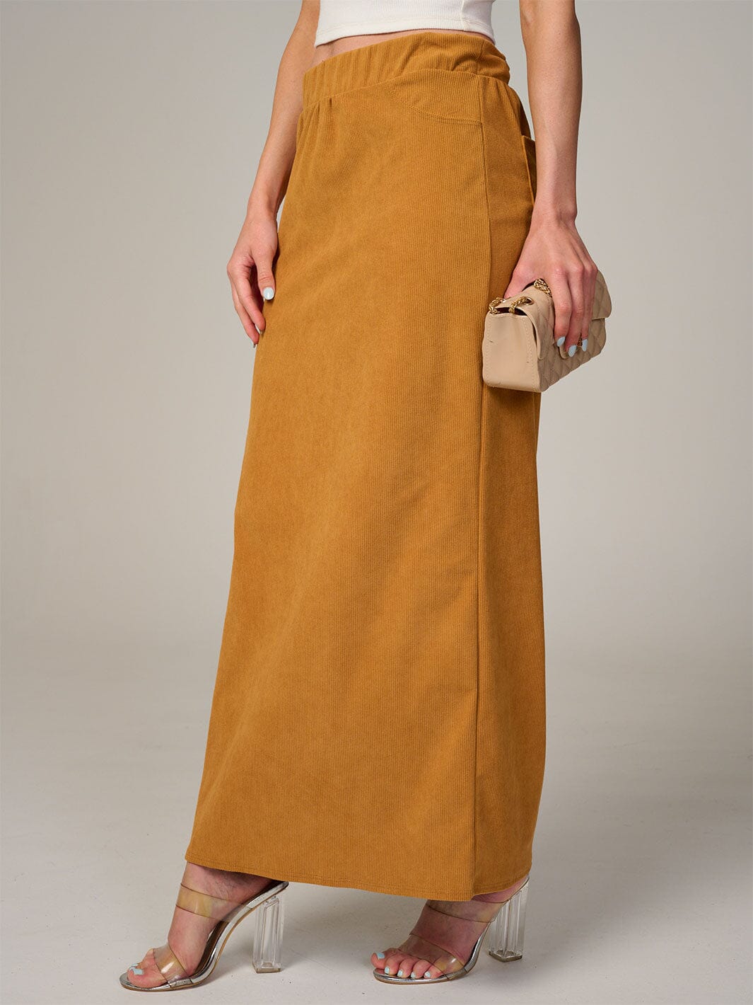 WOMEN'S ELASTIC WAIST BACK POCKET RIBBED MAXI SKIRT