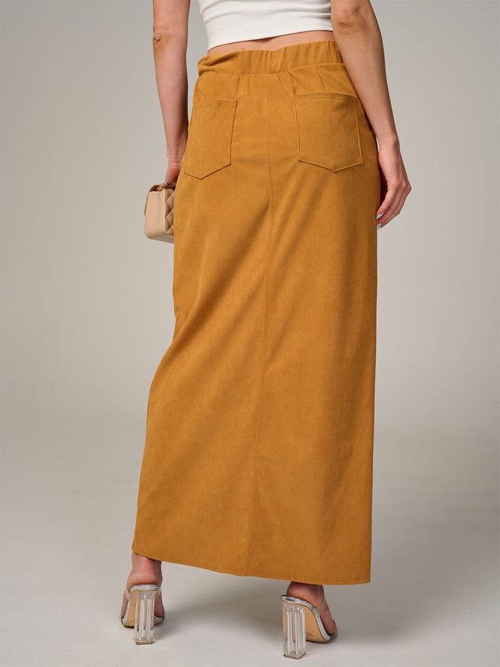 WOMEN'S ELASTIC WAIST BACK POCKET RIBBED MAXI SKIRT