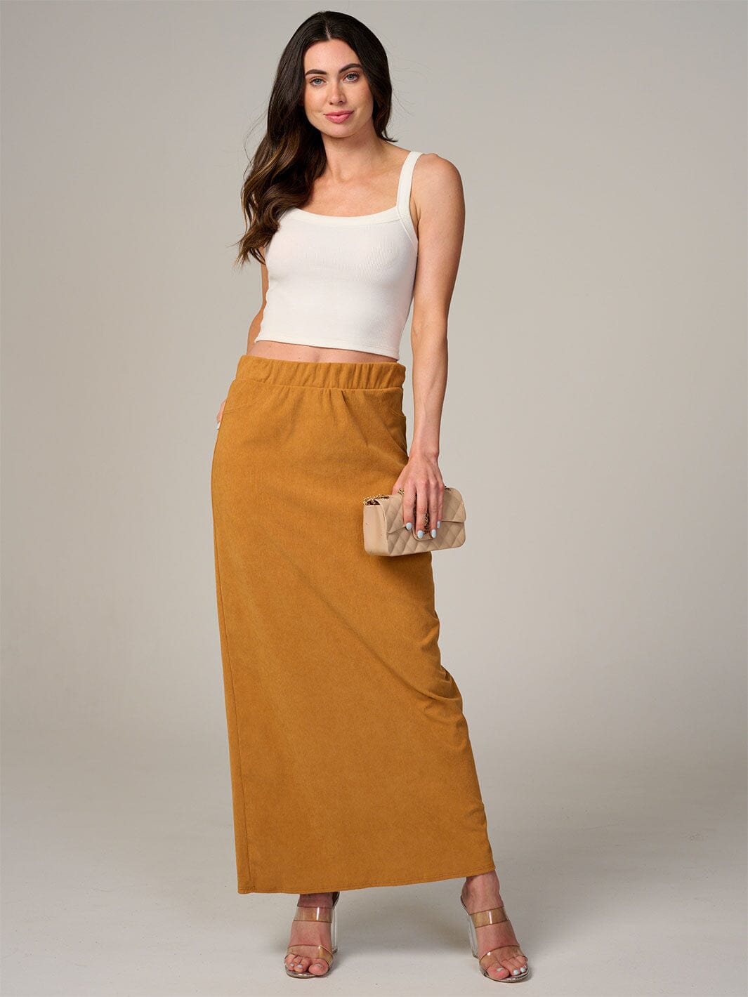 WOMEN'S ELASTIC WAIST BACK POCKET RIBBED MAXI SKIRT