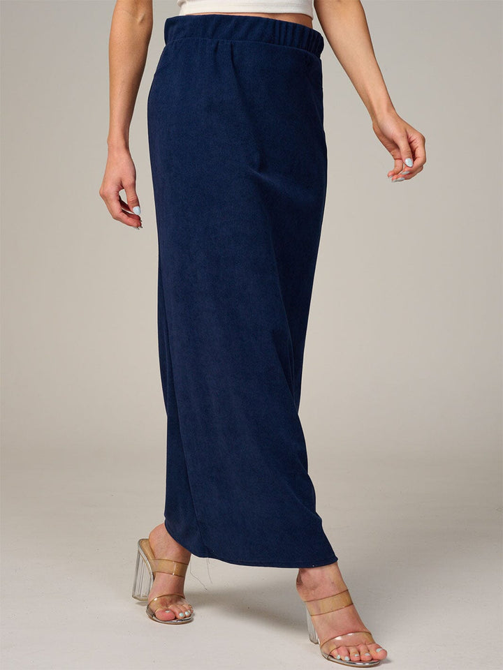 WOMEN'S ELASTIC WAIST BACK POCKET RIBBED MAXI SKIRT