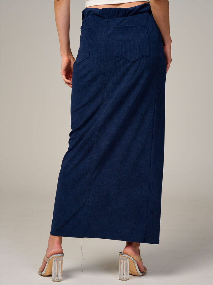 WOMEN'S ELASTIC WAIST BACK POCKET RIBBED MAXI SKIRT