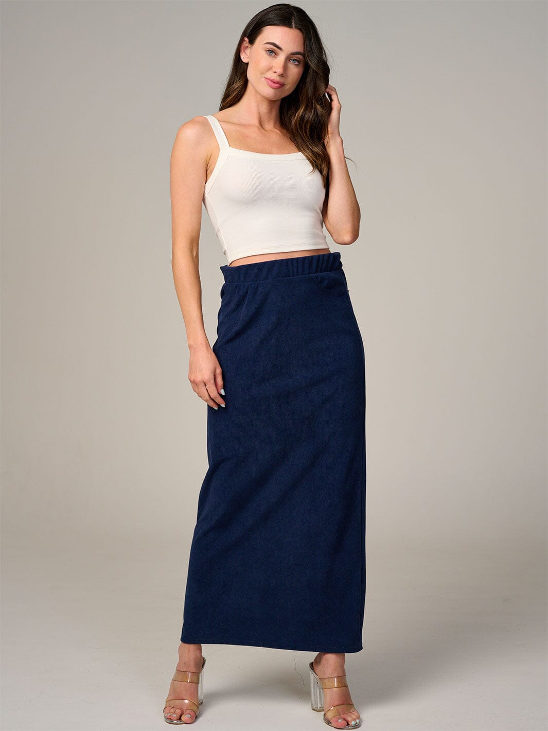 WOMEN'S ELASTIC WAIST BACK POCKET RIBBED MAXI SKIRT