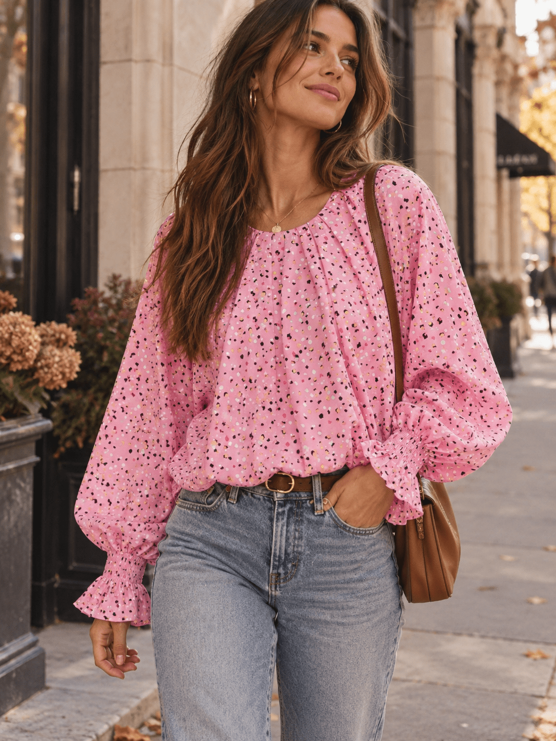 WOMEN'S LONG SLEEVE ELASTIC WAIST MULTI PRINT BLOUSE