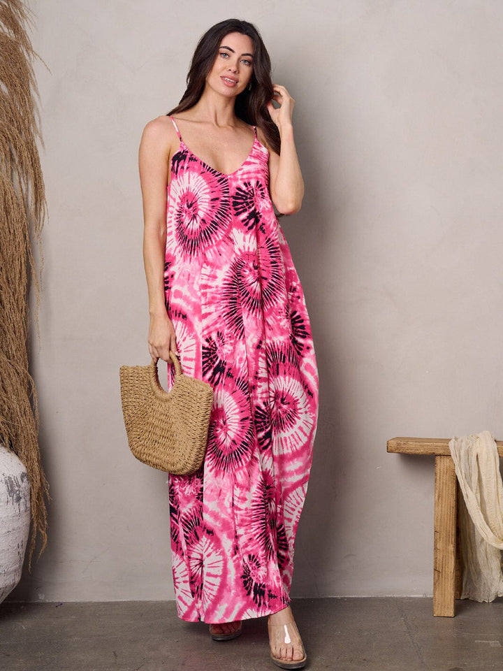 WOMEN'S SLEEVELESS V-NECK POCKETS TIE DYE MAXI DRESS