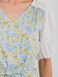 WOMEN'S SHORT PUFF SLEEVE V-NECK SELF TIE FLORAL MIDI DRESS