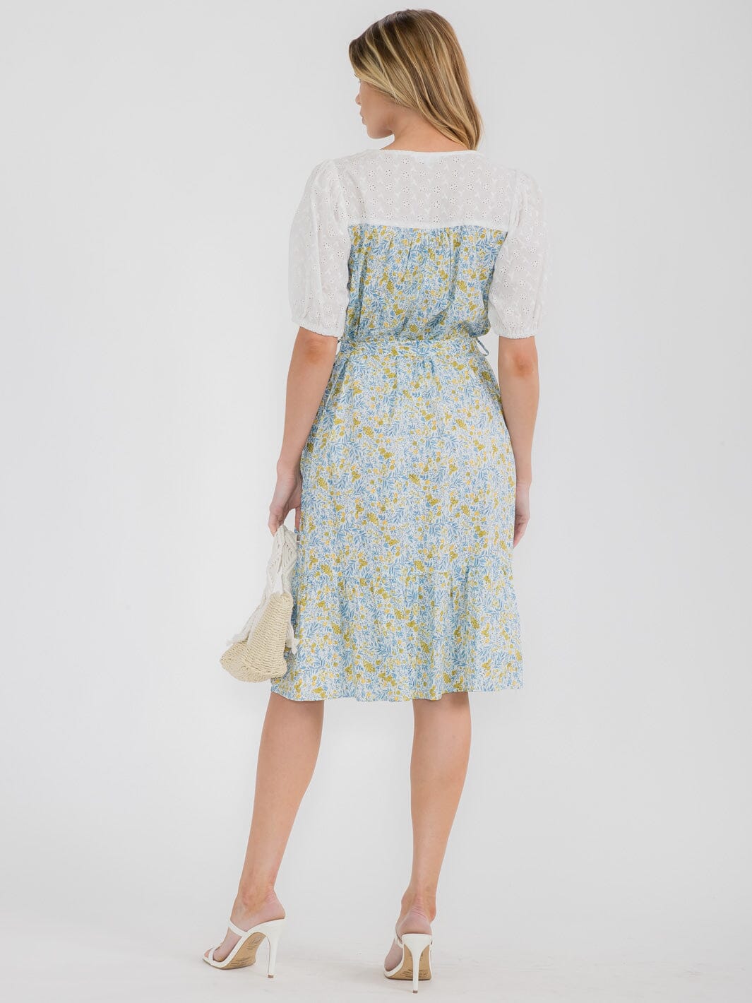 WOMEN'S SHORT PUFF SLEEVE V-NECK SELF TIE FLORAL MIDI DRESS