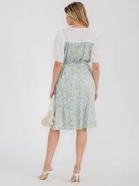 WOMEN'S SHORT PUFF SLEEVE V-NECK SELF TIE FLORAL MIDI DRESS
