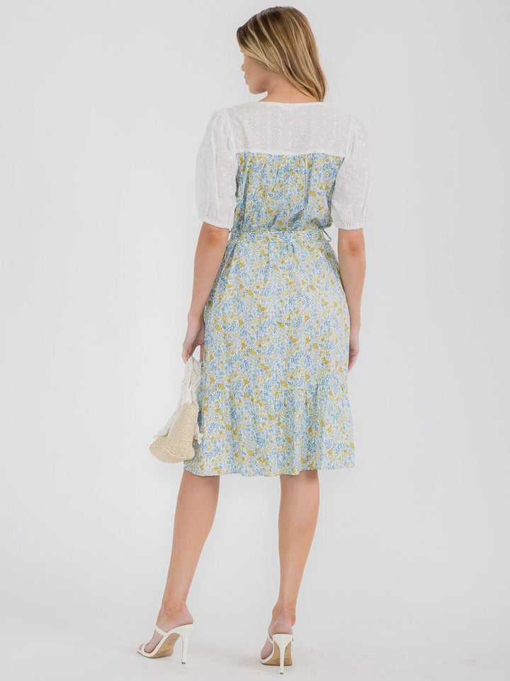 WOMEN'S SHORT PUFF SLEEVE V-NECK SELF TIE FLORAL MIDI DRESS