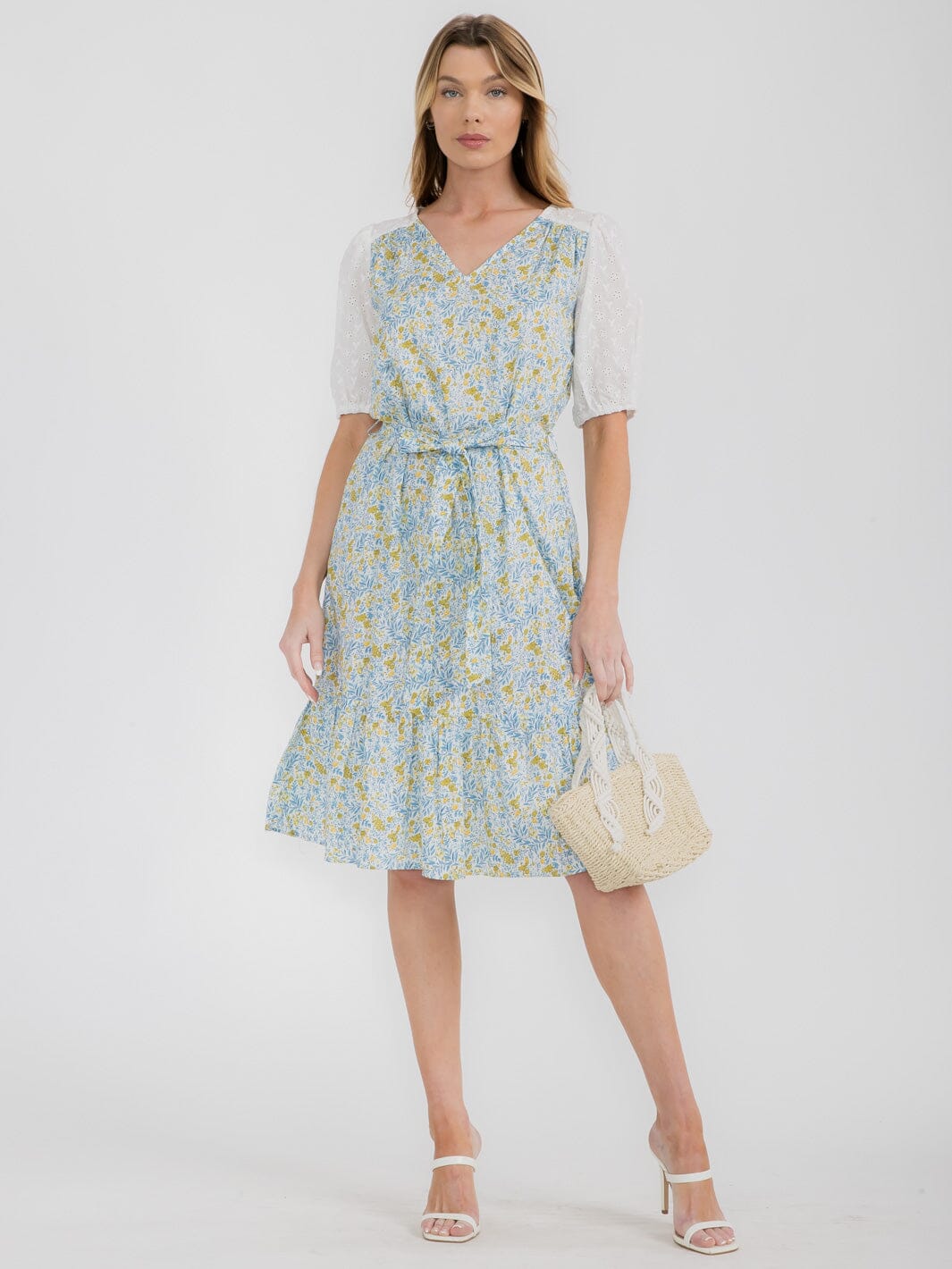 WOMEN'S SHORT PUFF SLEEVE V-NECK SELF TIE FLORAL MIDI DRESS