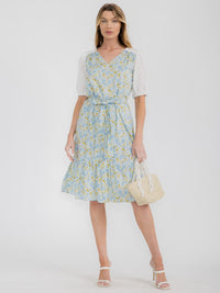 WOMEN'S SHORT PUFF SLEEVE V-NECK SELF TIE FLORAL MIDI DRESS