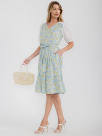 WOMEN'S SHORT PUFF SLEEVE V-NECK SELF TIE FLORAL MIDI DRESS
