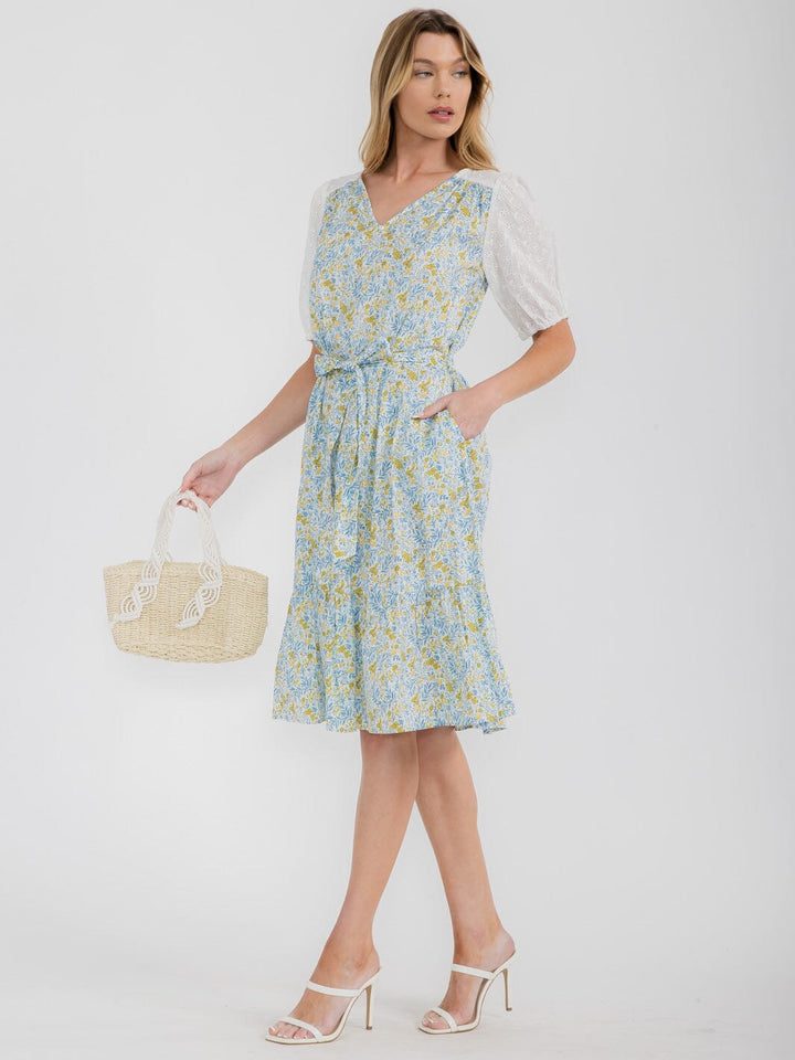 WOMEN'S SHORT PUFF SLEEVE V-NECK SELF TIE FLORAL MIDI DRESS