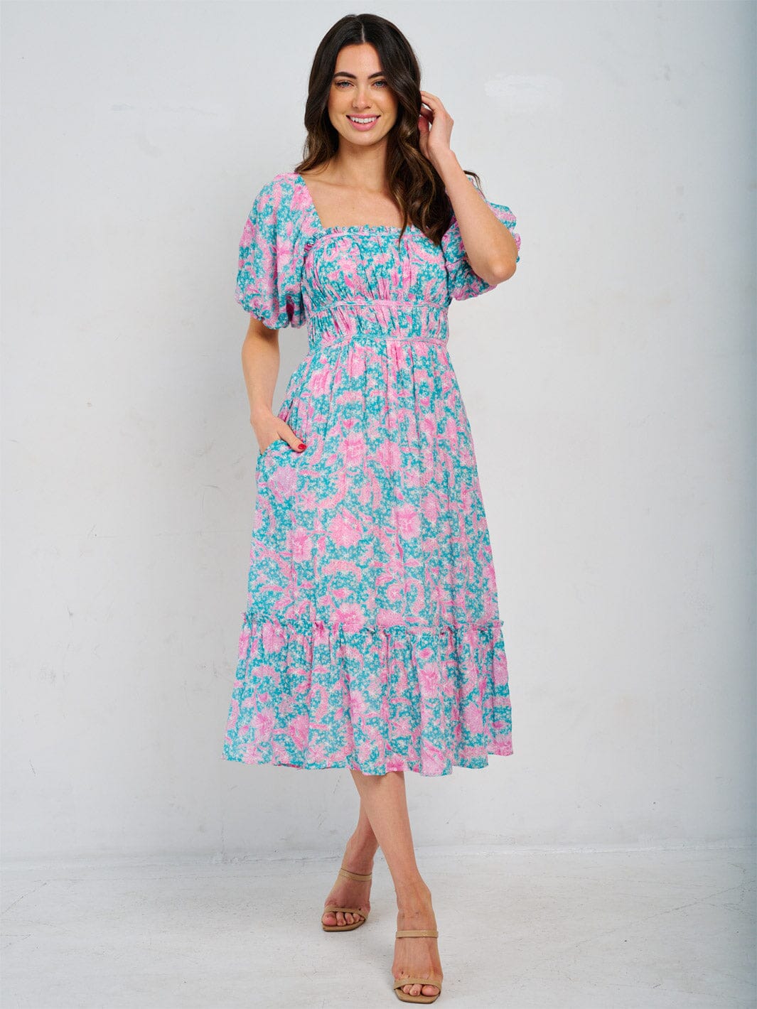 WOMEN'S SHORT PUFF SLEEVE SQUARE NECK SMOCK FLORAL MIDI DRESS