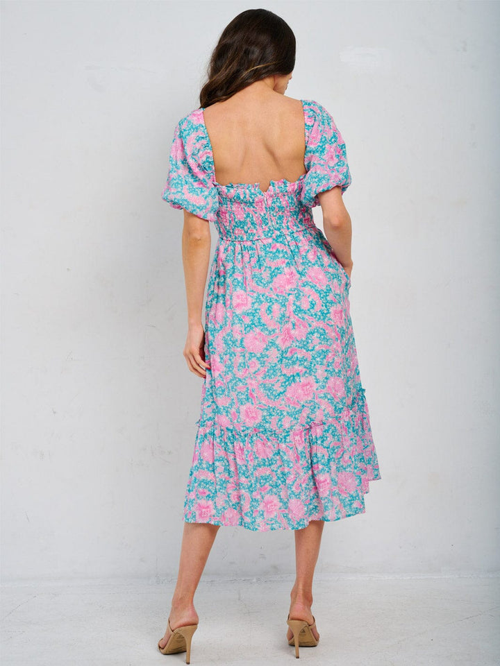 WOMEN'S SHORT PUFF SLEEVE SQUARE NECK SMOCK FLORAL MIDI DRESS