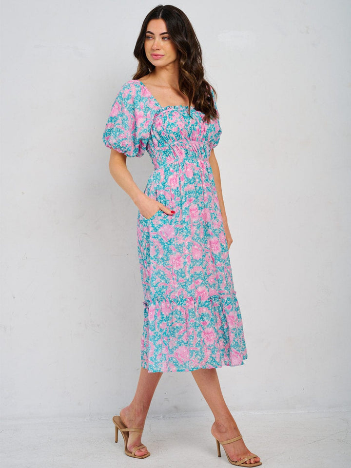 WOMEN'S SHORT PUFF SLEEVE SQUARE NECK SMOCK FLORAL MIDI DRESS