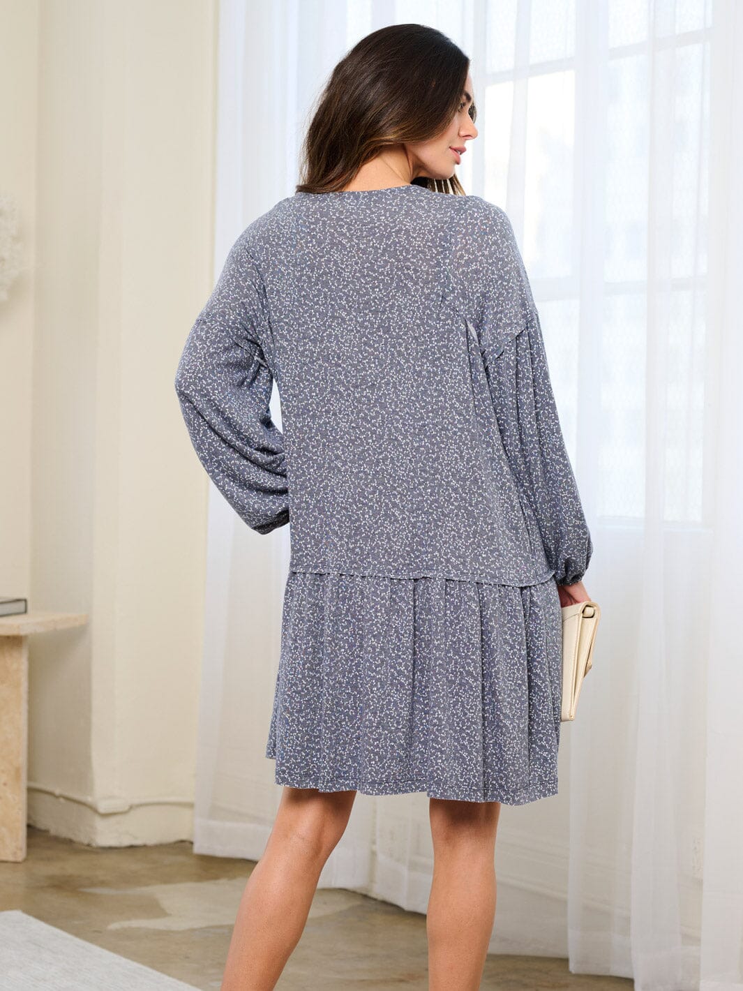 WOMEN'S LONG SLEEVE POCKETES TIERED PRINTED MINI DRESS