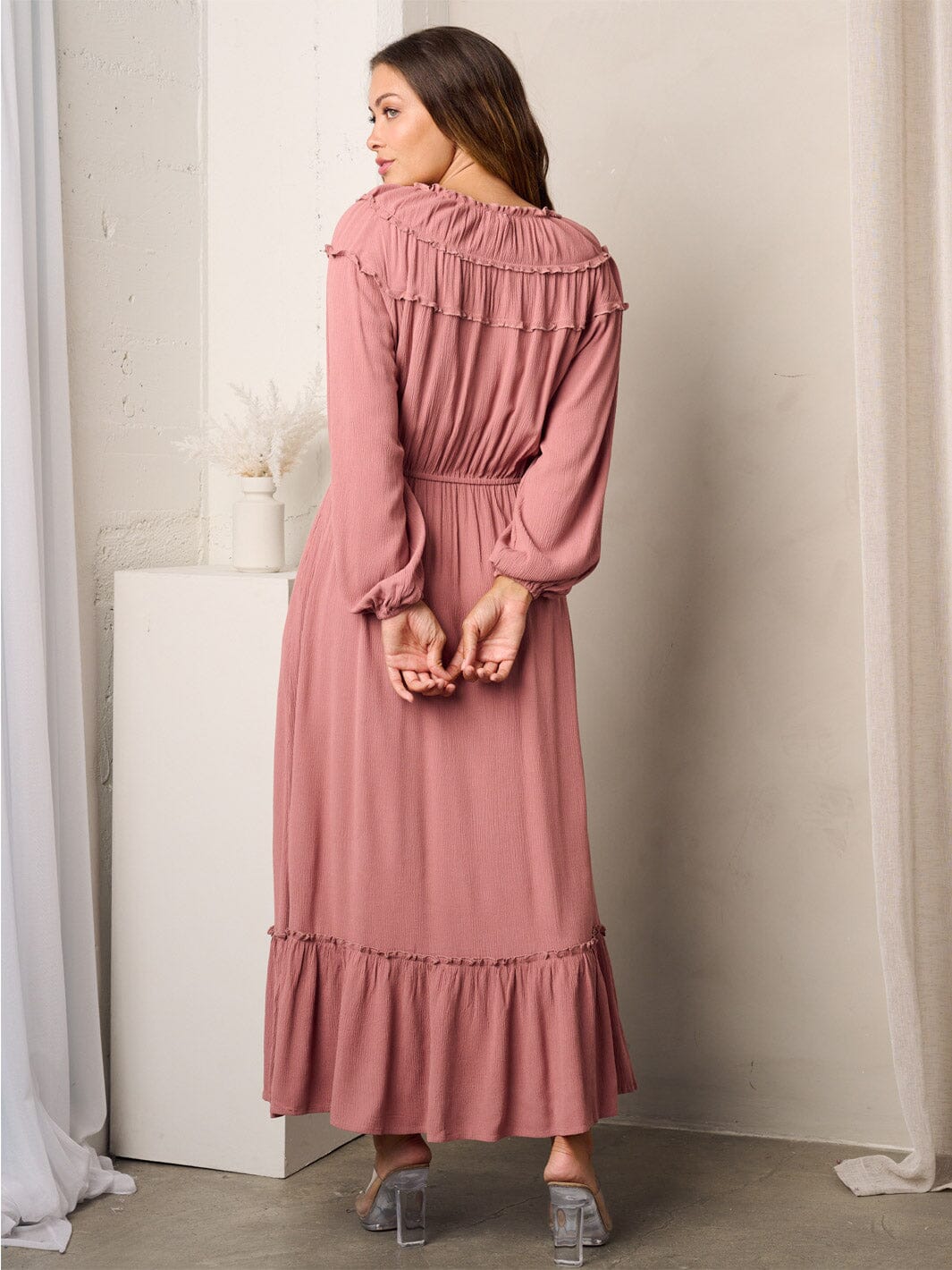 WOMEN'S LONG SLEEVE RUFFLE POCKETS MAXI DRESS