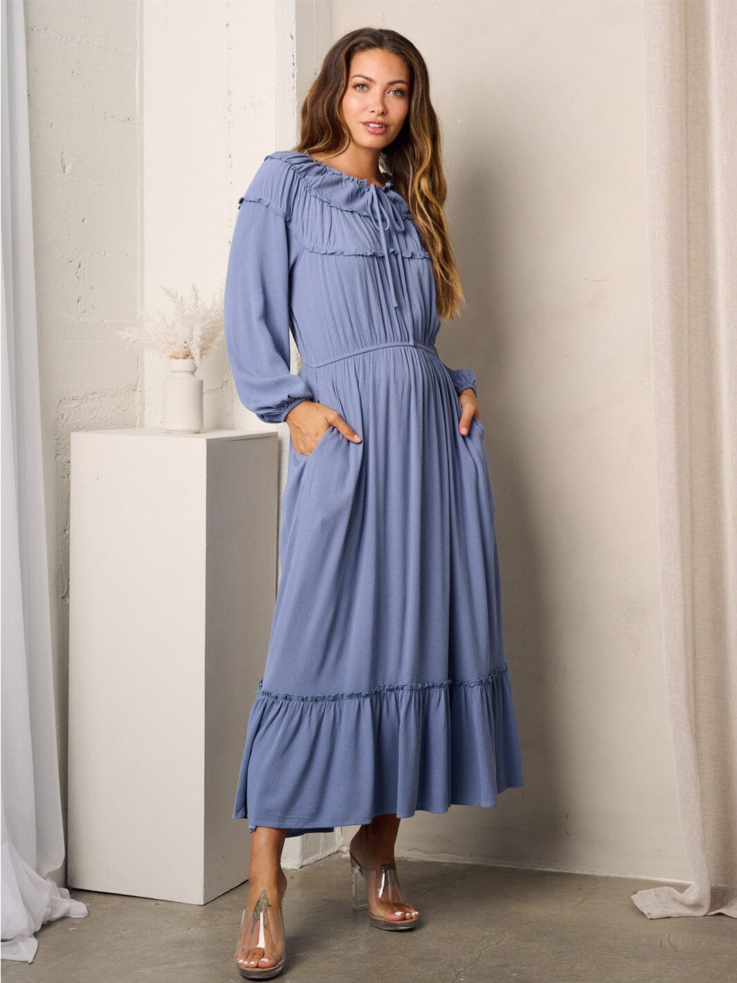 WOMEN'S LONG SLEEVE RUFFLE POCKETS MAXI DRESS