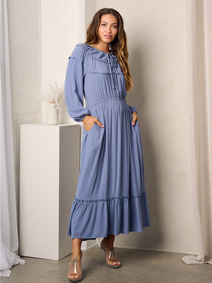 WOMEN'S LONG SLEEVE RUFFLE POCKETS MAXI DRESS