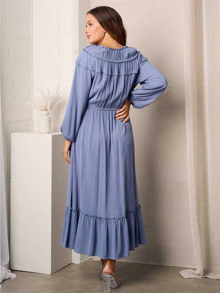 WOMEN'S LONG SLEEVE RUFFLE POCKETS MAXI DRESS