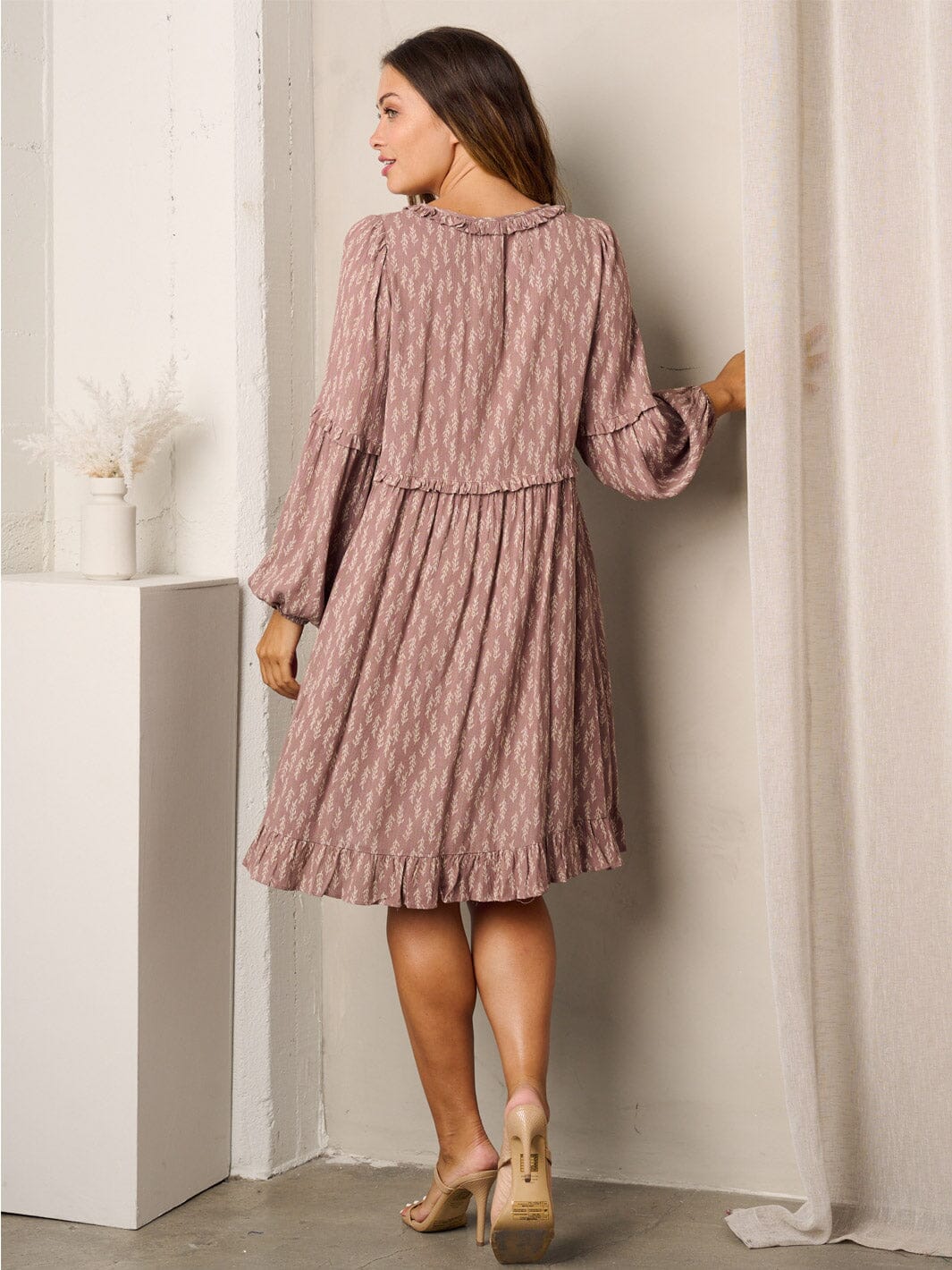 WOMEN'S 3/4 SLEEVES V-NECK TUNIC POCKETS LEAF PRINT MIDI DRESS