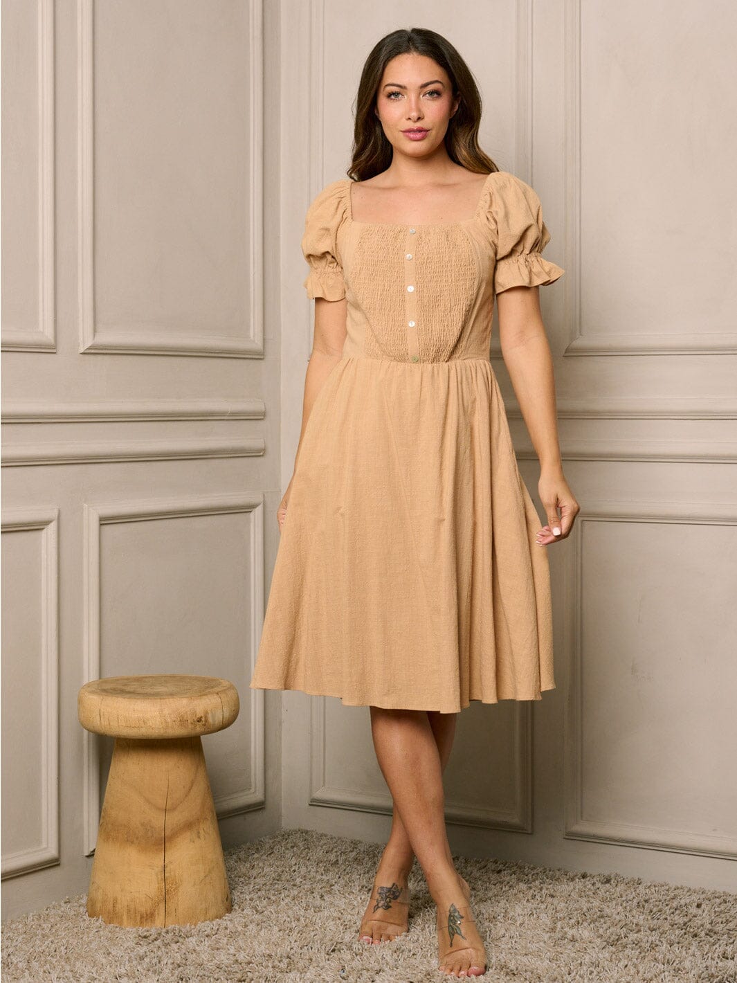 WOMEN'S SHORT PUFF SLEEVE SMOCK POCKETS MIDI DRESS ...