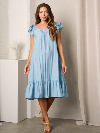 WOMEN'S RUFFLE SLEEVES POCKETS TUNIC MIDI DRESS
