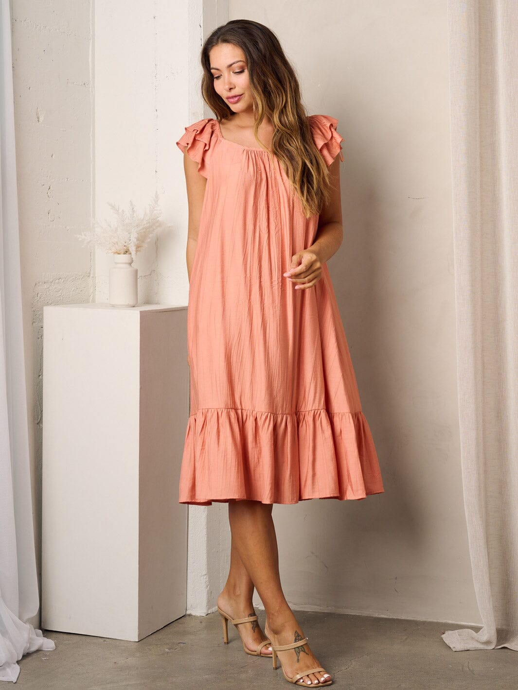 WOMEN'S RUFFLE SLEEVES POCKETS TUNIC MIDI DRESS