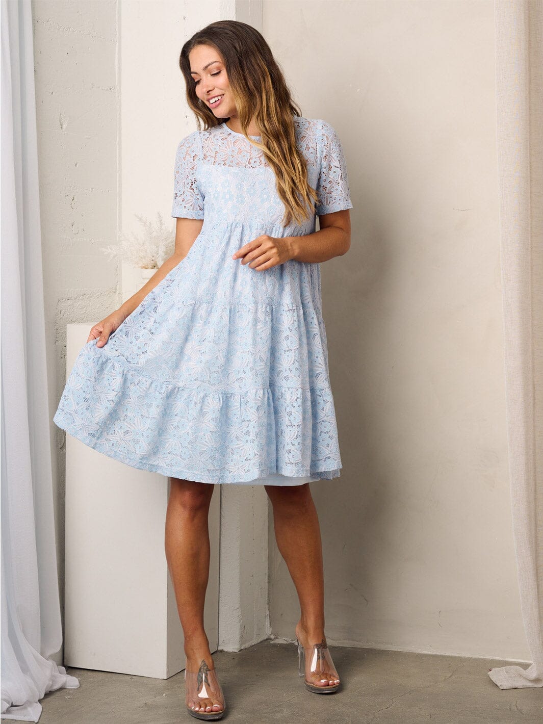 WOMEN'S SHORT SLEEVE TIERED TUNIC LACE MINI DRESS