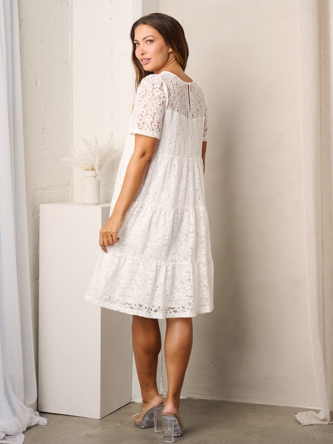 WOMEN'S SHORT SLEEVE TIERED TUNIC LACE MINI DRESS