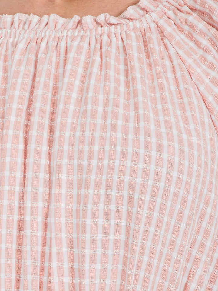 WOMEN'S SHORT SLEEVE ELASTIC WAIST POCKETS PLAID MINI DRESS
