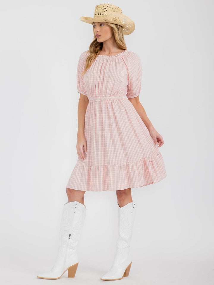 WOMEN'S SHORT SLEEVE ELASTIC WAIST POCKETS PLAID MINI DRESS