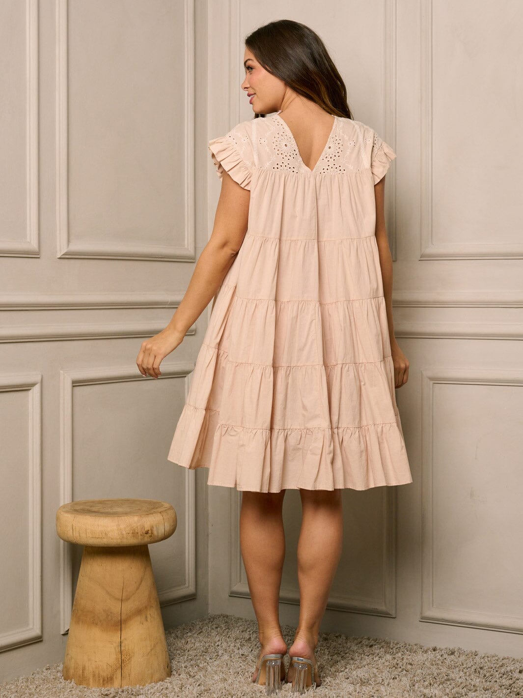 WOMEN'S RUFFLE SLEEVE TIERED V-NECK TUNIC MIDI DRESS