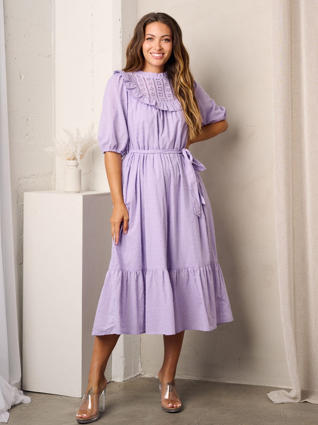 WOMEN'S SHORT SLEEVE RUFFLE SWISS DOTS MIDI DRESS