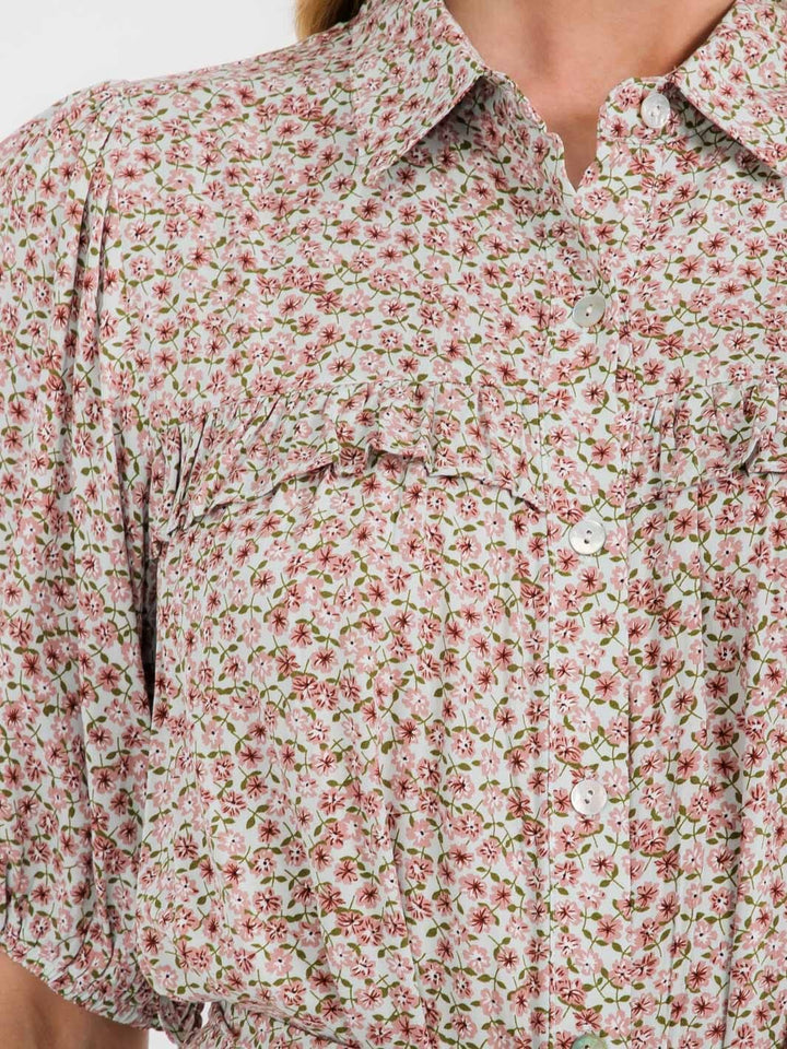 WOMEN'S SHORT SLEEVE BUTTON UP SELF TIE POCKETS FLORAL MINI DRESS