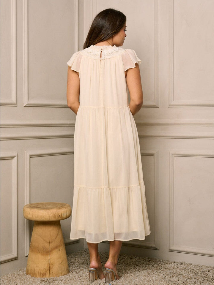 WOMEN'S SHORT SLEEVE TIERED NECK DETAILED RUFFLE MAXI DRESS