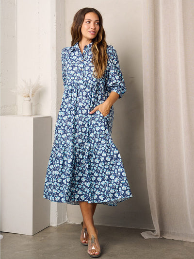 WOMEN'S 3/4 SLEEVES BUTTON UP POCKETS TIERED FLORAL MIDI DRESS
