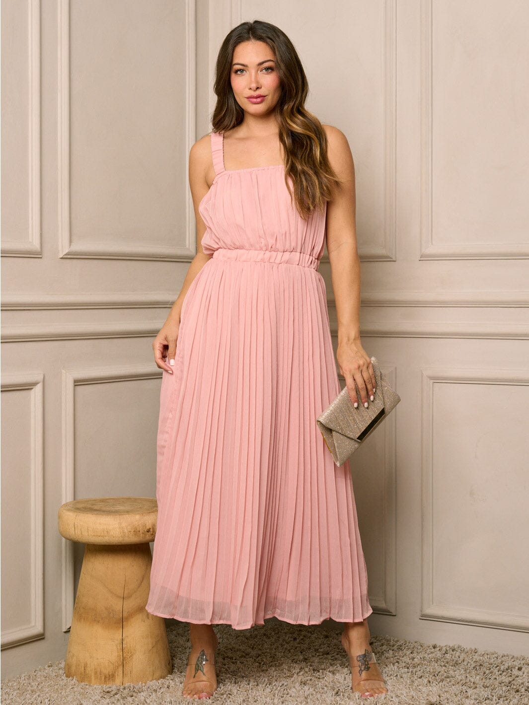 WOMEN'S SLEEVELESS ELASTIC WAIST PLEATED MAXI DRESS