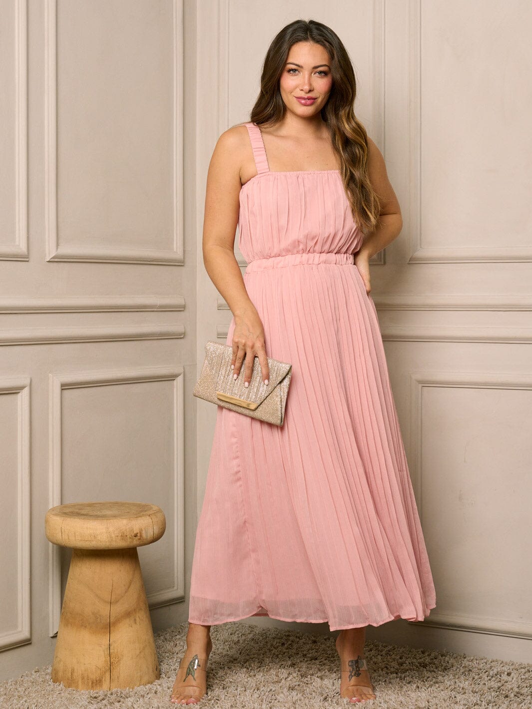 WOMEN'S SLEEVELESS ELASTIC WAIST PLEATED MAXI DRESS