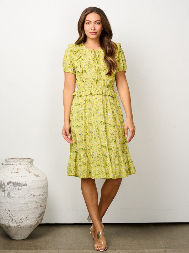 WOMEN'S SHORT PUFF SLEEVE RUFFLE FLORAL MIDI DRESS