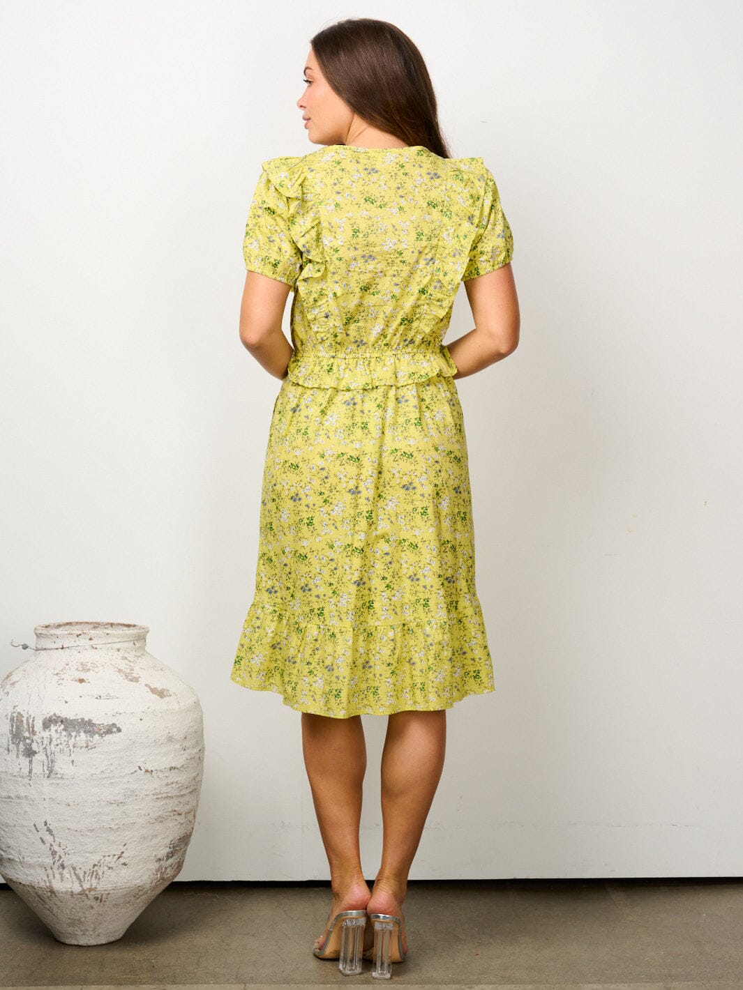 WOMEN'S SHORT PUFF SLEEVE RUFFLE FLORAL MIDI DRESS