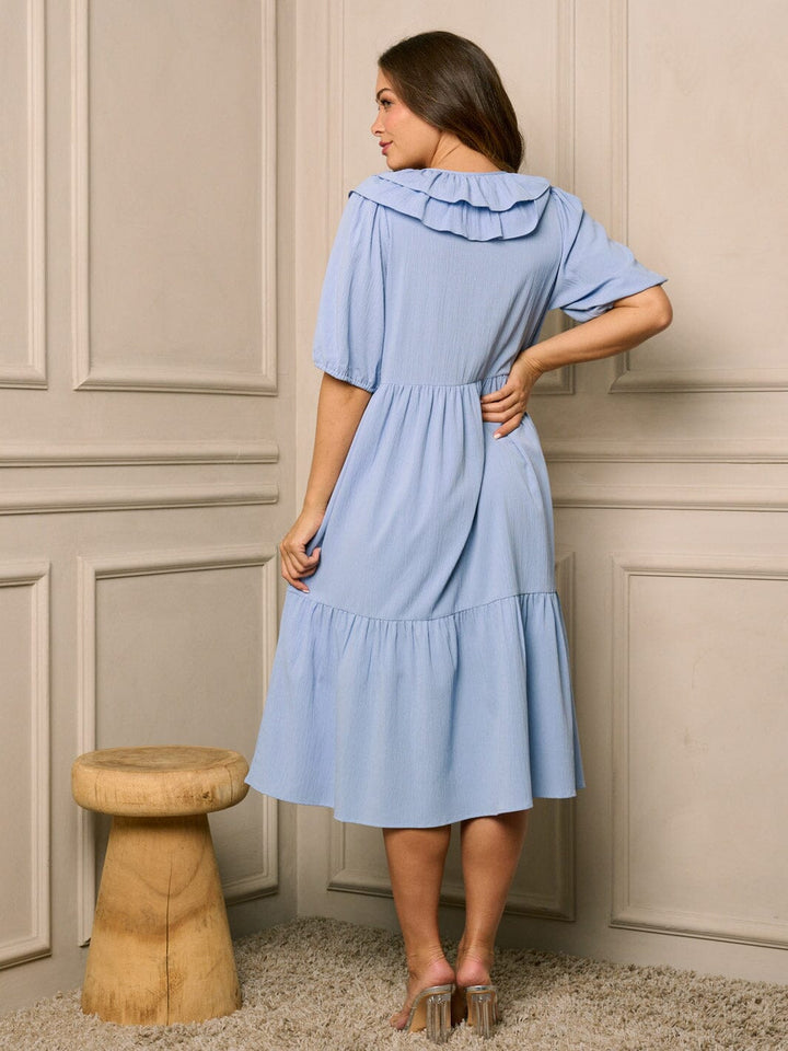WOMEN'S SHORT SLEEVE V-NECK TIERED MIDI DRESS
