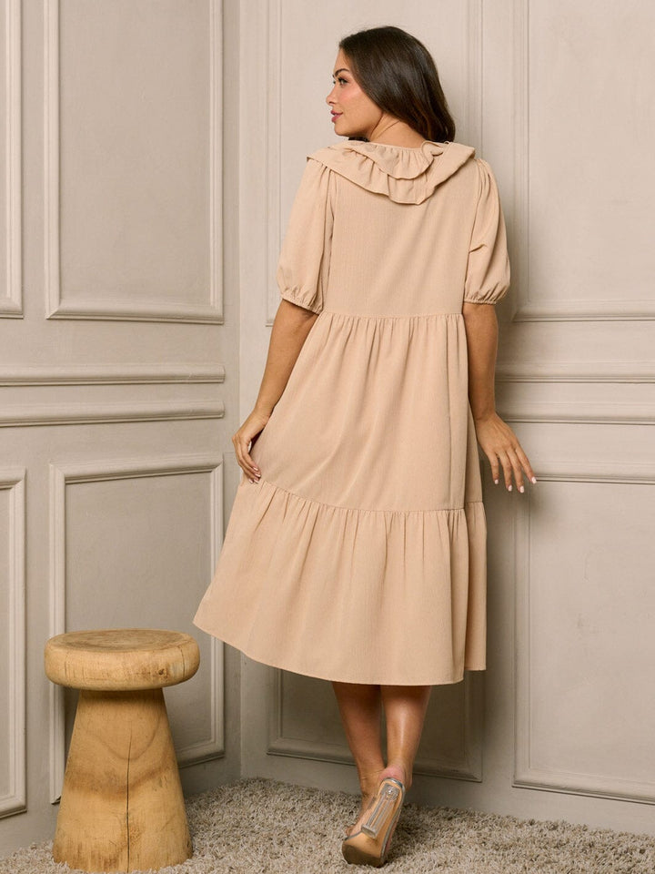 WOMEN'S SHORT SLEEVE V-NECK TIERED MIDI DRESS