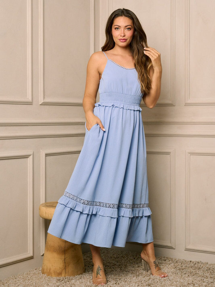 WOMEN'S SLEEVELESS SMOCK WAIST POCKETS MAXI DRESS