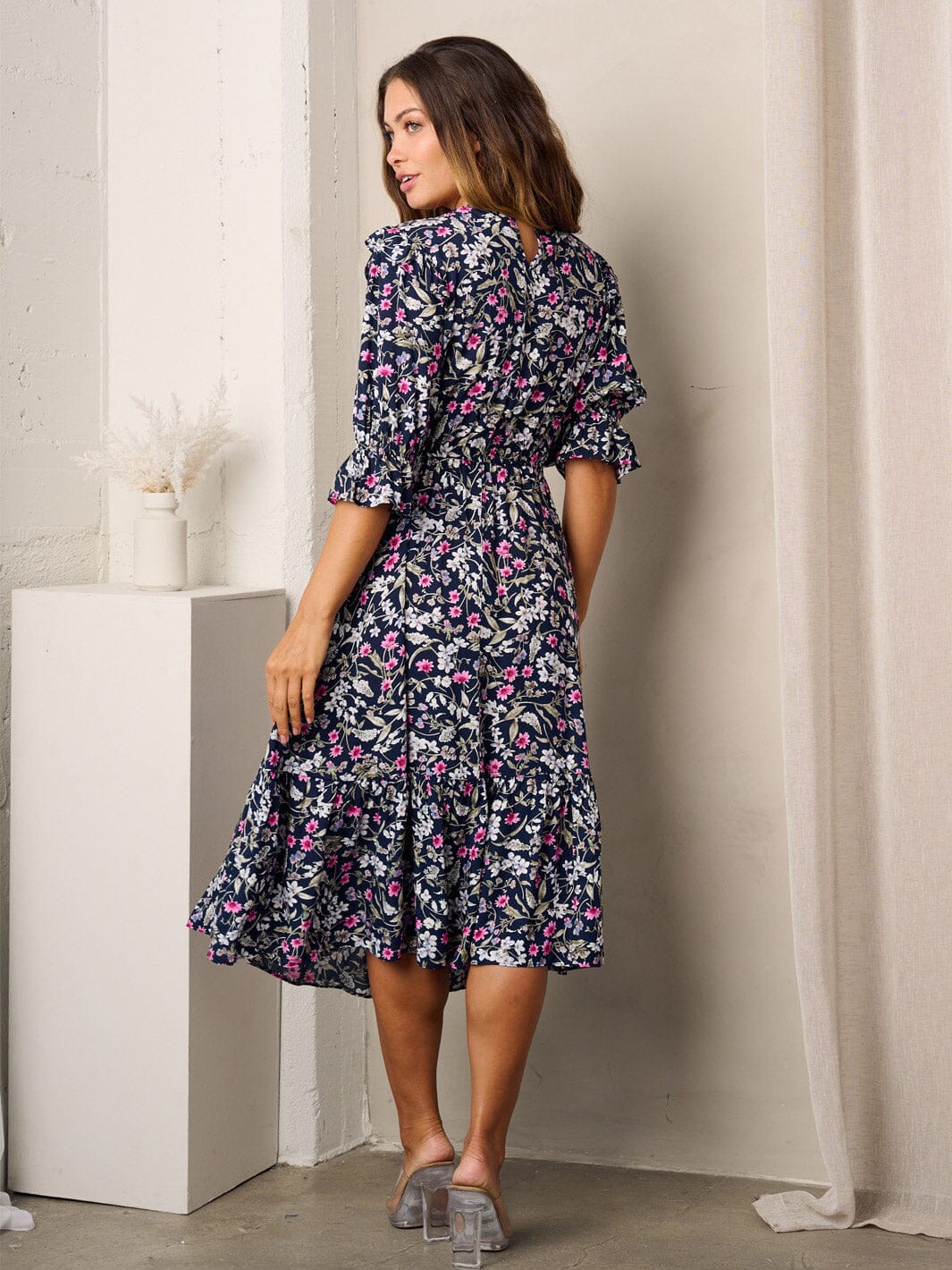 WOMEN'S SHORT SLEEVE RUFFLE POCKETS FLORAL MIDI DRESS