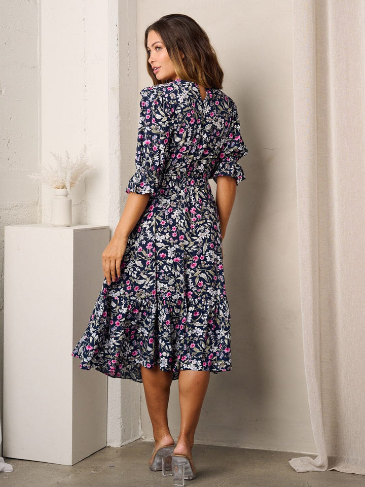WOMEN'S SHORT SLEEVE RUFFLE POCKETS FLORAL MIDI DRESS